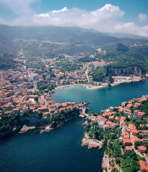 coast from albania from above with view on city