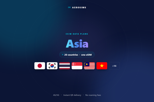 Asia eSIM data plan by AeroSims — one eSIM covering 20 countries, 4G/5G data with instant QR delivery
